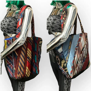 Dugdale Designs Quilted‎ Tie Tote Bag Brown Multicolor Striped Boho Hippie